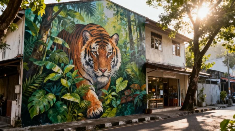 Artist working on a large wall mural